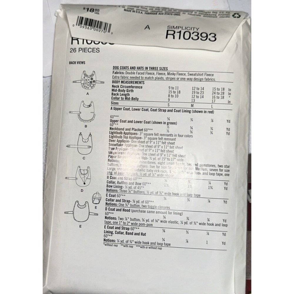 Simplicity R10393 Fleece Dog Coats & Hats in 3 Sizes UNCUT Sewing Pattern R10393 - Picture 2 of 2